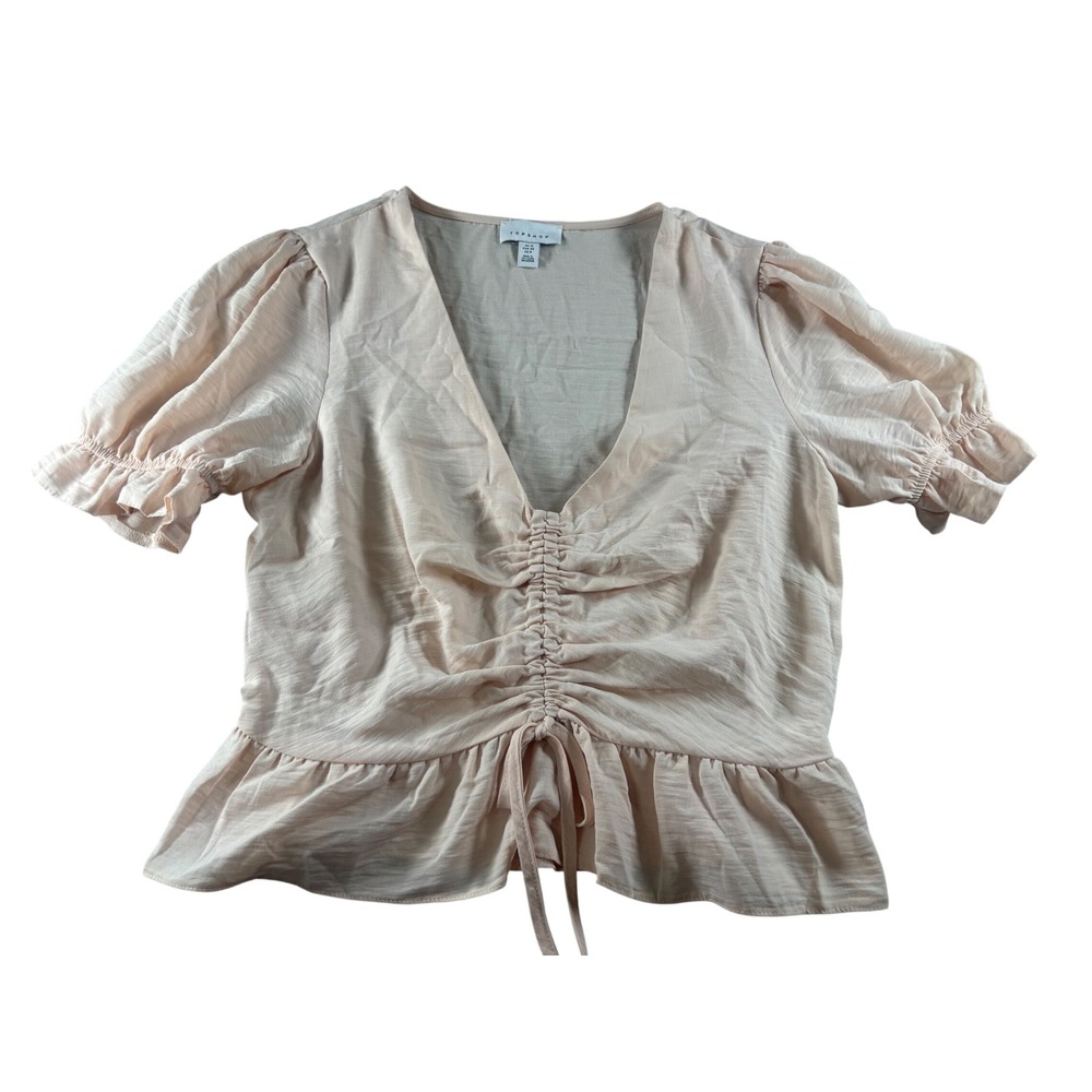Topshop Women Blush Pink Ruched Front Peplum Blouse Short Puff Sleeve Size 8